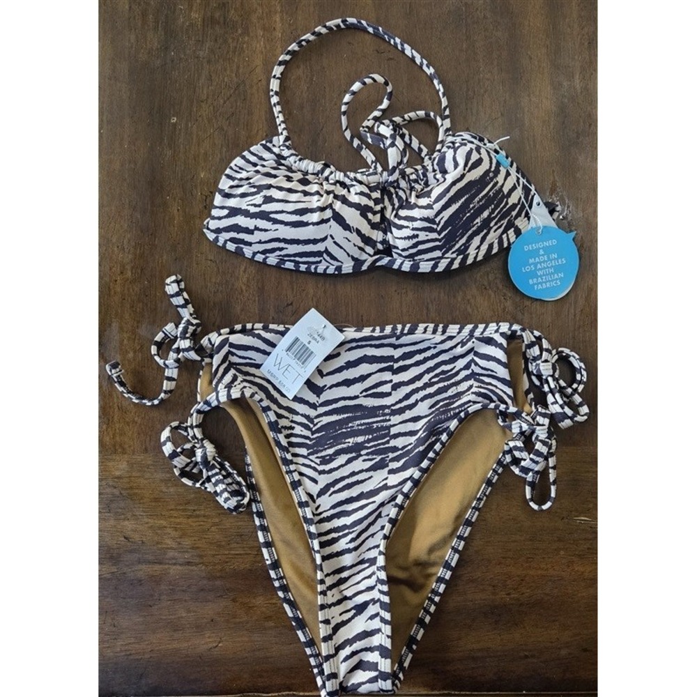 NWT Wet LA Ruffle Zebra Top XS Bottom S Swim Set Bikini 130670